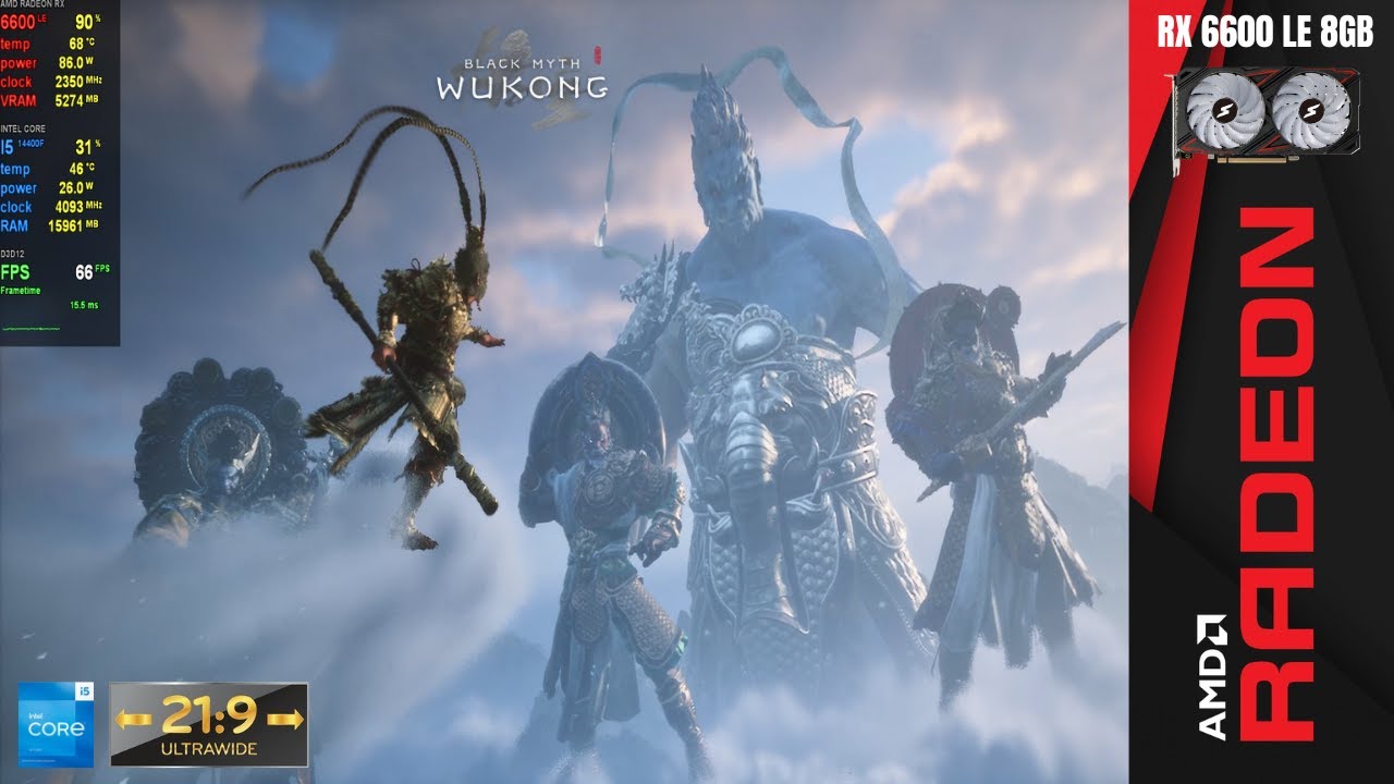 Black Myth Wukong, 21:9, Preset Custom, NXSR 40% + FG | RX 6600 LE | I5 14400F