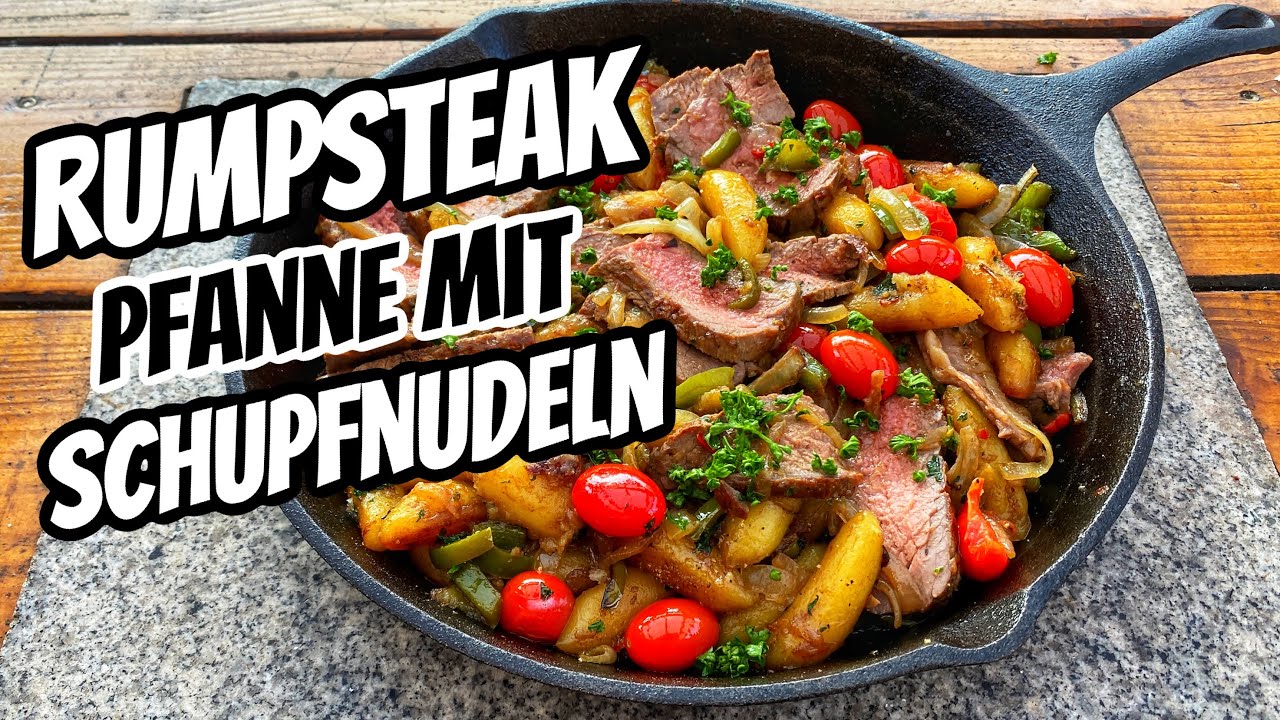 Bunte Rumpsteak Pfanne mit Schupfnudeln vom BBQ Tisch der Grillshow
