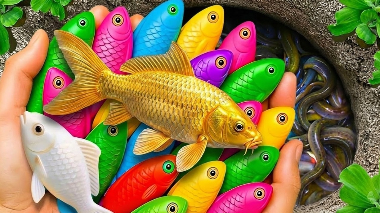 Catching lovely aquarium fish in small pond baby turtles, molly fish, rat fish, guppies, iguanas,koi