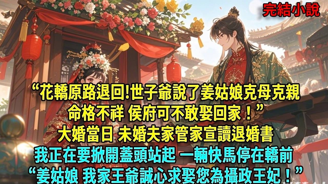 “花轎原路退回!世子爺說了姜姑娘克母克親，命格不祥，侯府可不敢娶回家！”大婚當日，未婚夫家管家宣讀退婚書我正在要掀開蓋頭站起 一輛快馬停在轎前；“姜姑娘 我家王爺誠心求娶您為攝#爽文#古言#打臉#小說