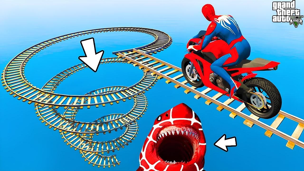 سبايدر مان اصعب دراجة نارية فوق اسماك القرش - Superheroes Ride on Motorcycle Stunt Funny Moments??