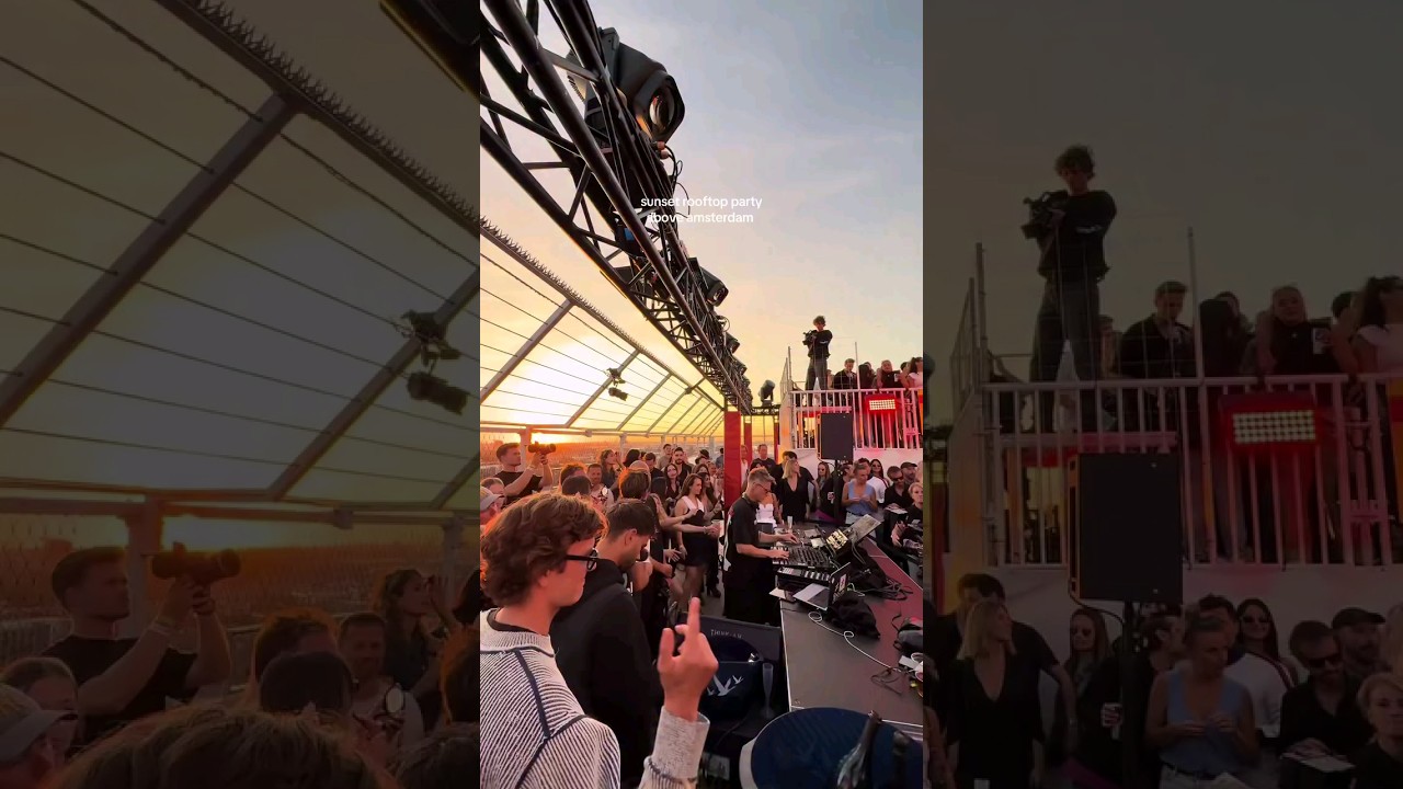 Sunset rooftop party above Amsterdam 🇳🇱🌅🔥 #sunsetparty #rooftopparty #technomusic #jorisvoorn #rave
