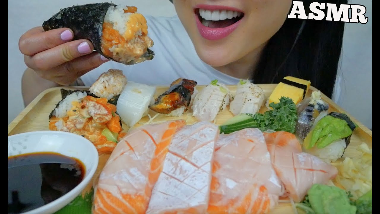 ASMR SUSHI PLATTER *SALMON BELLY SASHIMI + SPICY CONE + NIGIRI (EATING SOUNDS) NO TALKING | SAS-ASMR