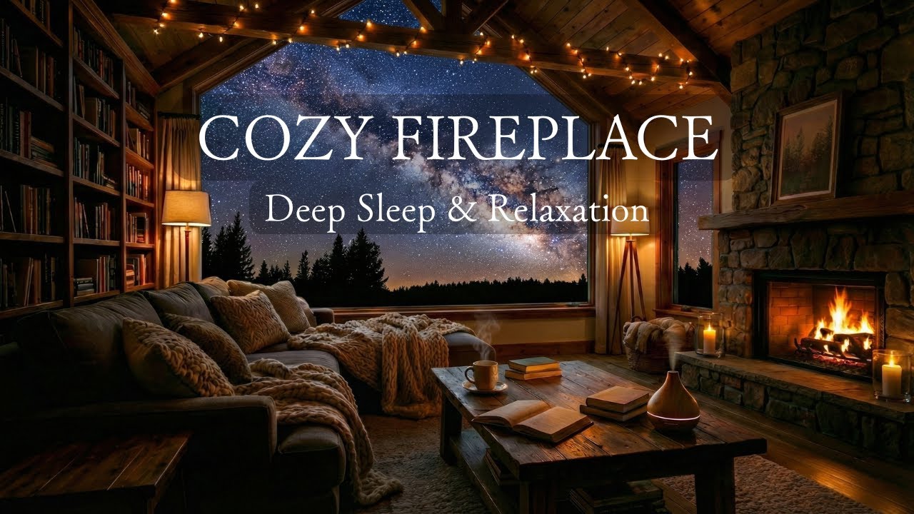 Cozy Fireplace & Starry Night - Relaxing Piano Music for Deep Sleep & Fatigue Recovery