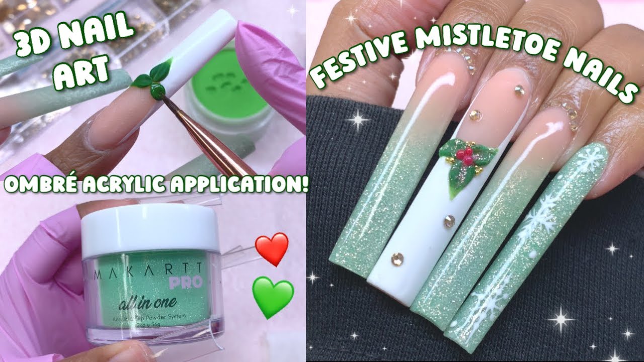 XL GLITTER OMBRE 3D MISTLETOE NAILS 🌿❤️ Easy Acrylic Encapsulation + 3D Nail Art