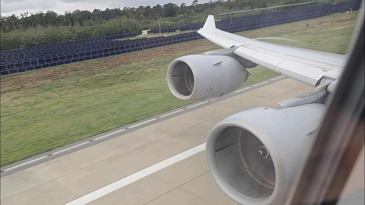 (ENGINE ROAR) Lufthansa Airbus A340-600 takeoff from Frankfurt to Riyadh