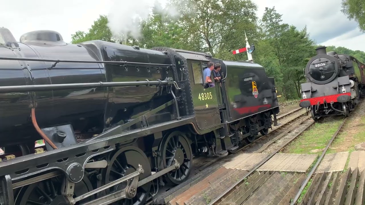 LMS Stanier Class 8F No. 48305 passes BR Standard 4MT Tank No. 80136 #nymr #steamtrain #hogsmeade