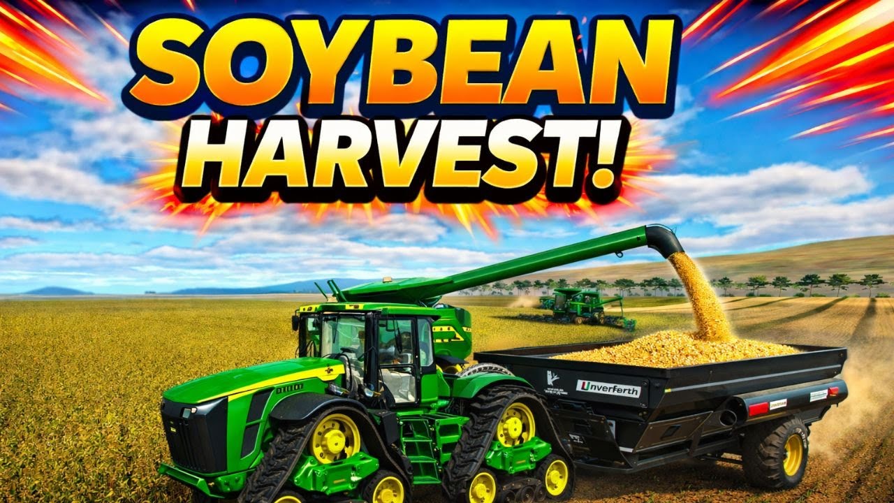 Soybean Harvest Madness! Grain Cart & Big Tractors Rolling | FS25