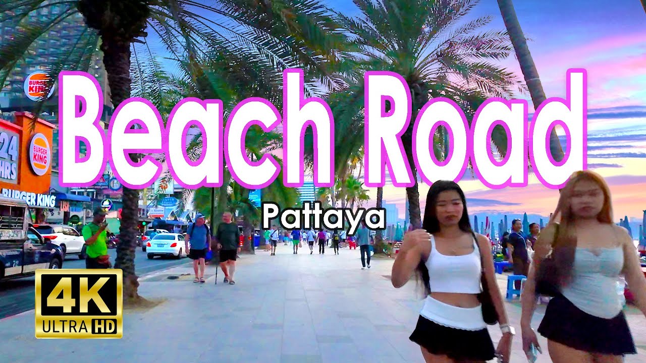 4K Walking Tour of the Best Sunset Views on Pattaya Beach Road - With Captions