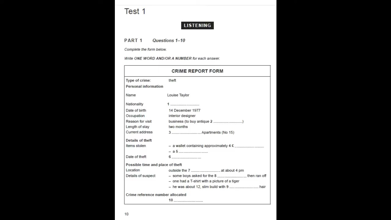 Cambridge 14 Listening Test 1 – Crime Report Form | IELTS Full Practice