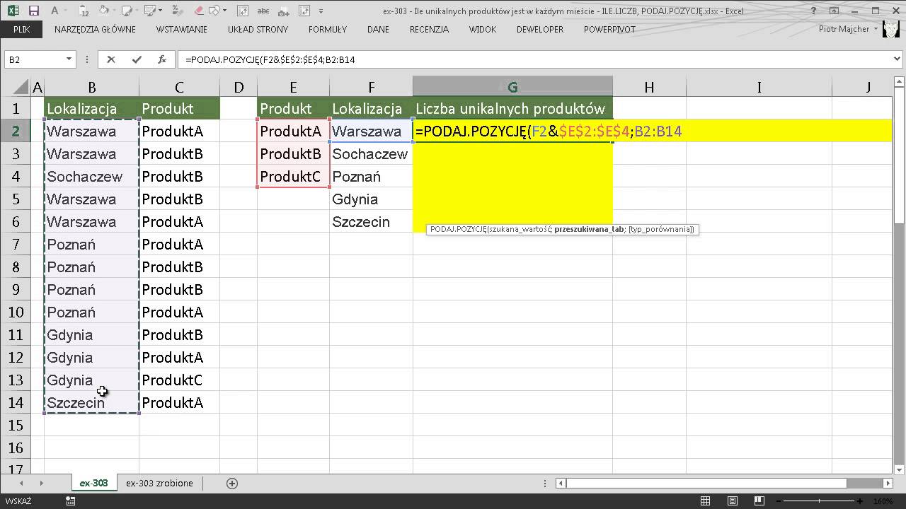 excel-303 - Ile unikalnych produkt&oacute;w jest w każdym mieście - ILE.LICZB, PODAJ.POZYCJĘ