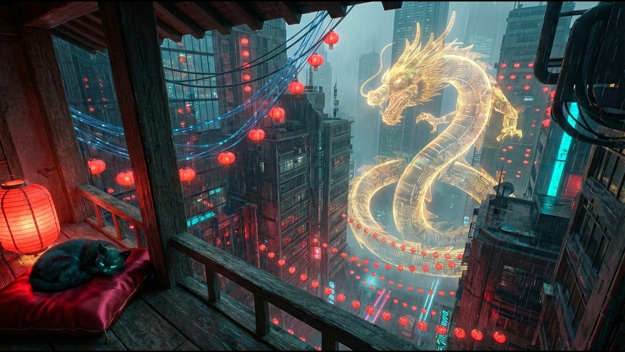 Cyberpunk Chinese New Year 🐉 Sleep/Focus + Rain Ambience [4K]