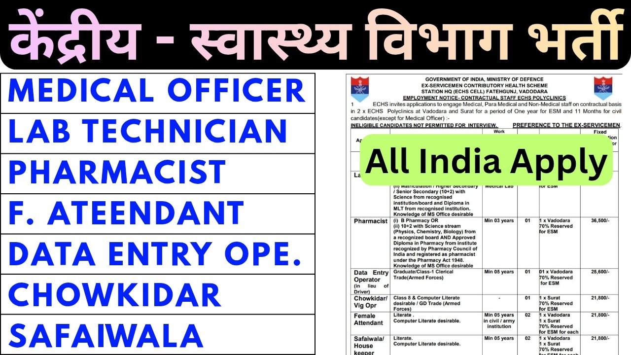 ECHS Recruitment 2026 - Lab technician, Pharmacist, Attendant, Deo - Lab technician Vacancy 2026