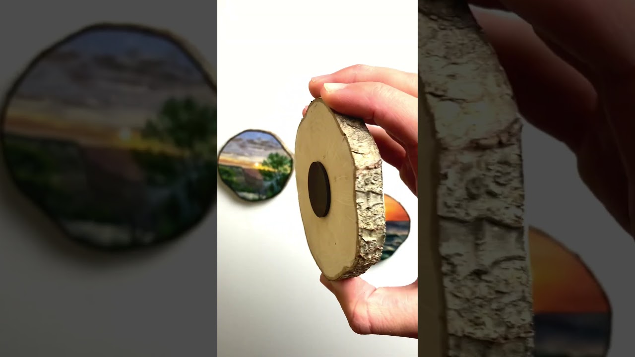 Hand-painted oil landscape on a wood slice with a magnet 