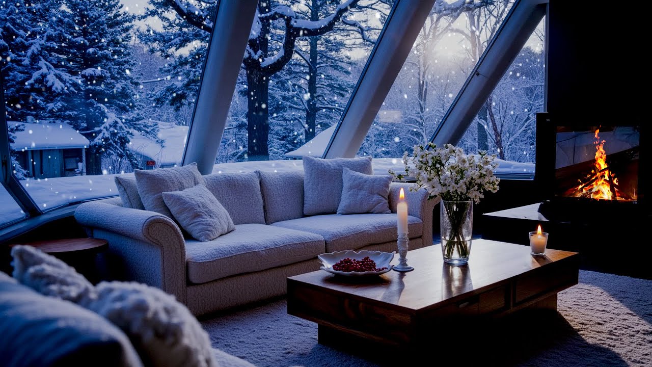 Winter Piano in a White Room at Night | Snowy , Fireplace Ambience for Deep Sleep & Stress Relief