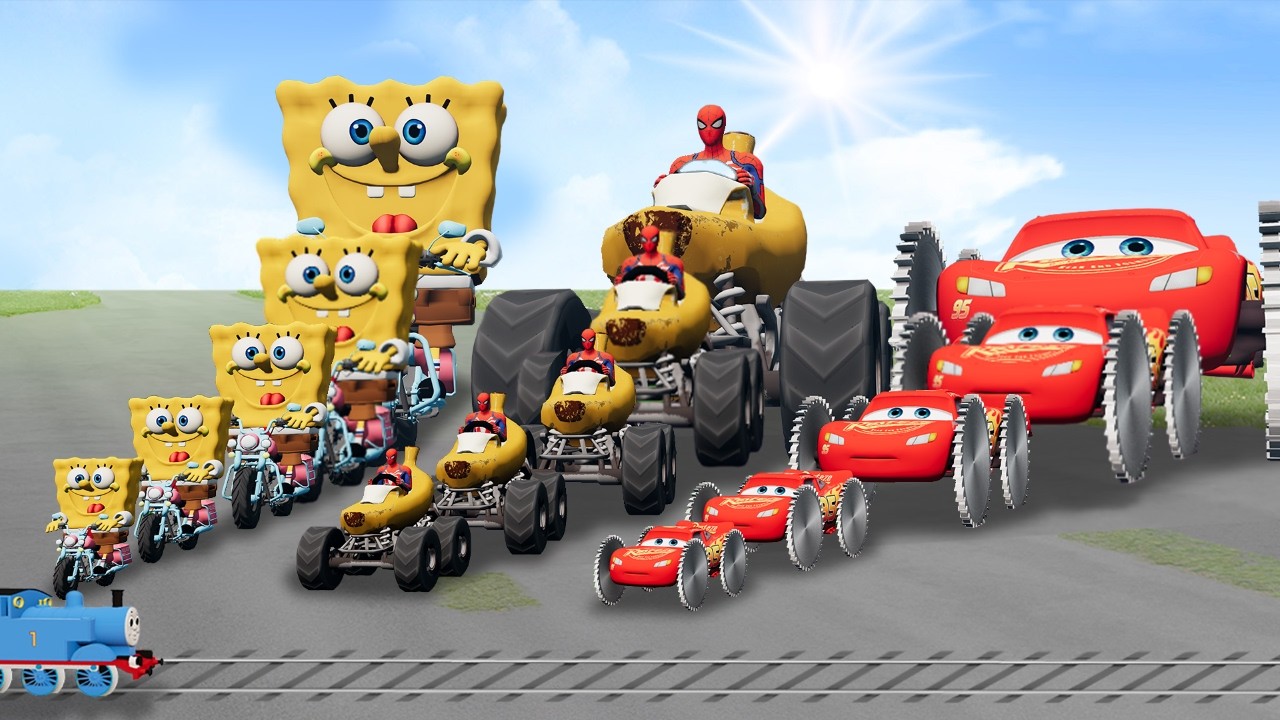 Big & Small Spiderman on Banana Monster Truck vs McQueen vs SpongeBob vs Thomas Train | BeamNG.drive