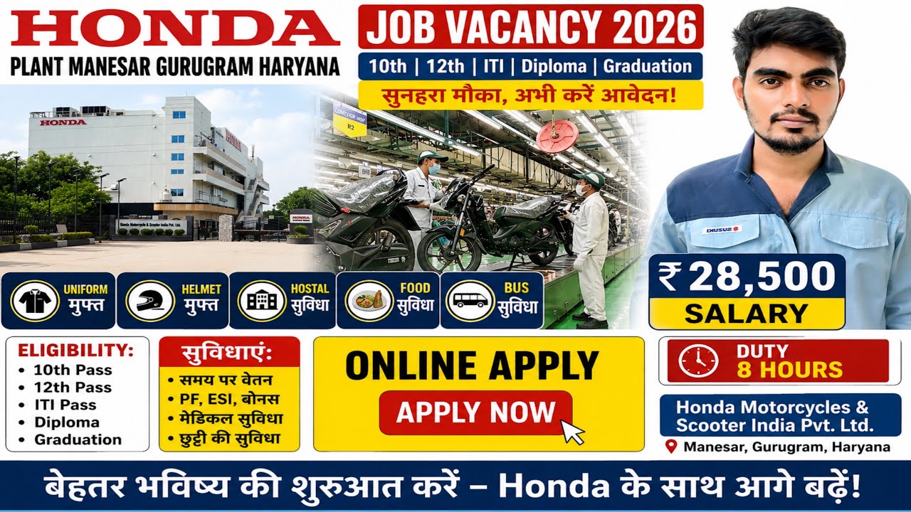 SALARY 28,500 HONDA PLANT MANESAR GURUGRAM HARYANA JOB VACANCY 2026|Honda Manesar 10th 12th ITI Jobs