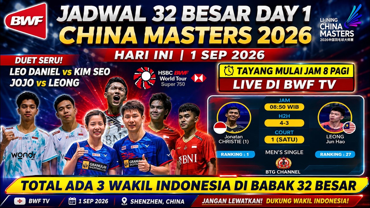 Jadwal China Master 2026 Day 1 Hari ini: LEO DANIEL VS KIM SEO | Tayang Jam 8 Pagi LIVE BWFTV