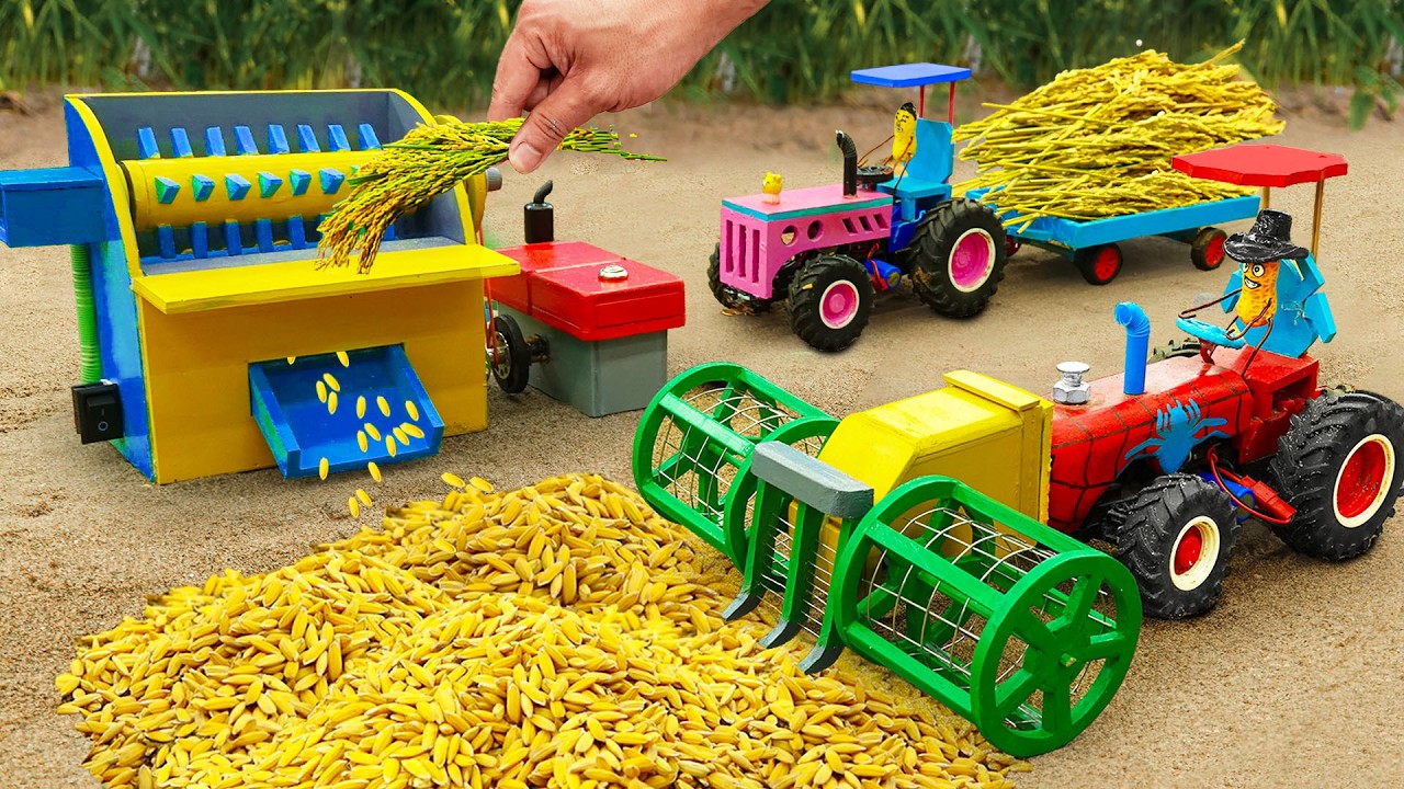 NAJBARDZIEJ KREATYWNA MASZYNA DO ZBIERANIA RYŻU DIY | Młocarnia DIY na farmie | Mini traktor HP DIY