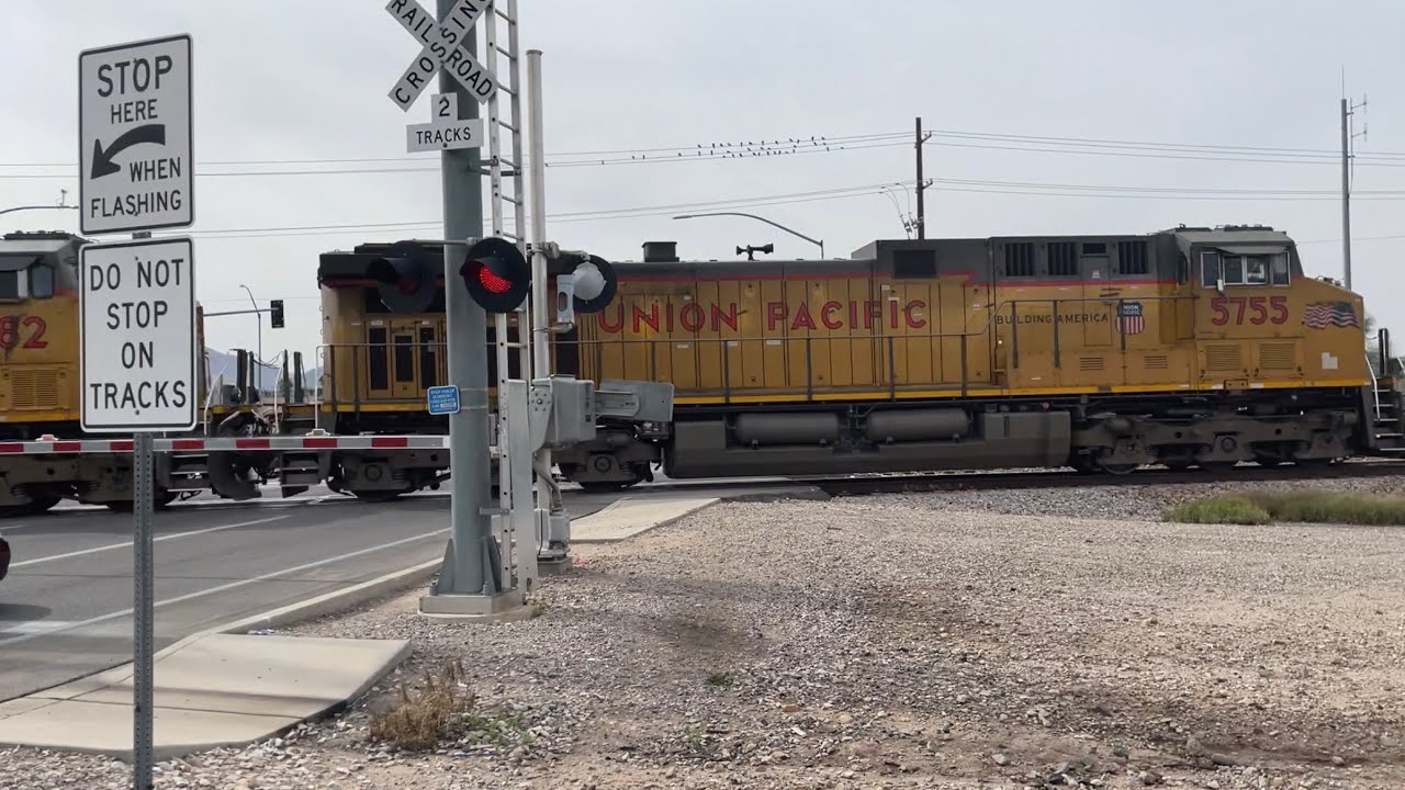 UP 5755 leads an intermodal train at Cortaro road Tucson Arizona
