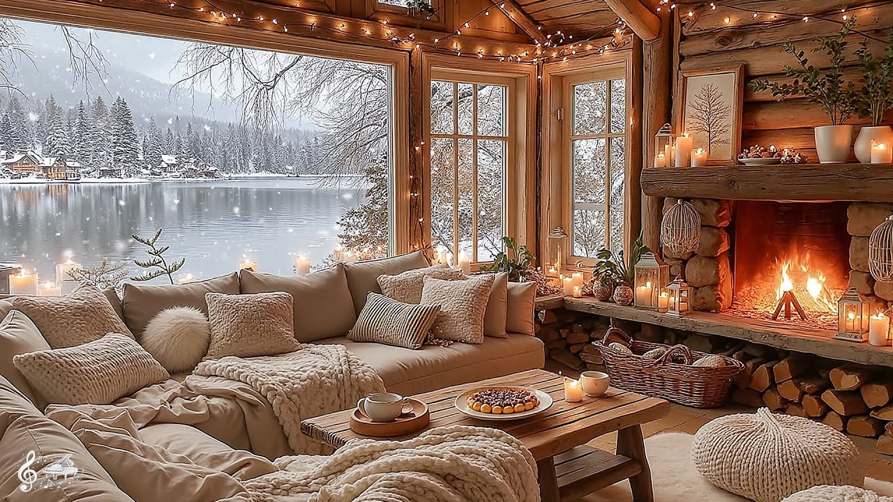 Cozy January Winter Morning by the Lake ❄️ Relaxing Piano & Fireplace for Work