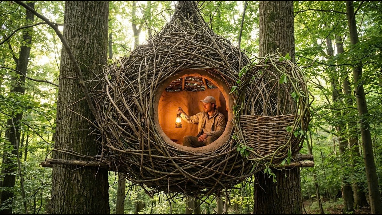 Building a Warm and Cozy NEST | Bushcraft tree house, Survival shelter