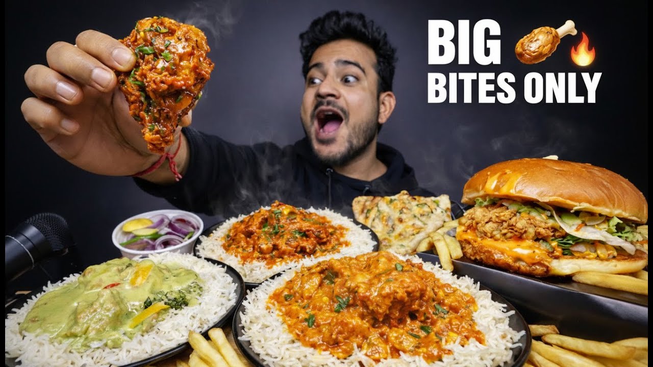 THAI CHICKEN CURRY, CHICKEN LABABDAR, GOLD BURGER, CHICKEN TIKKA MASALA, CHEESE NAAN MUKBANG