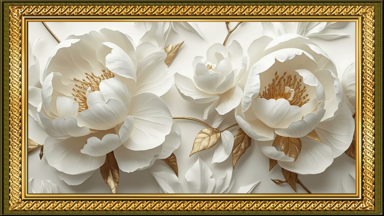 Gold Framed White Peonies Painting | Premium TV Screensaver Art | 4K