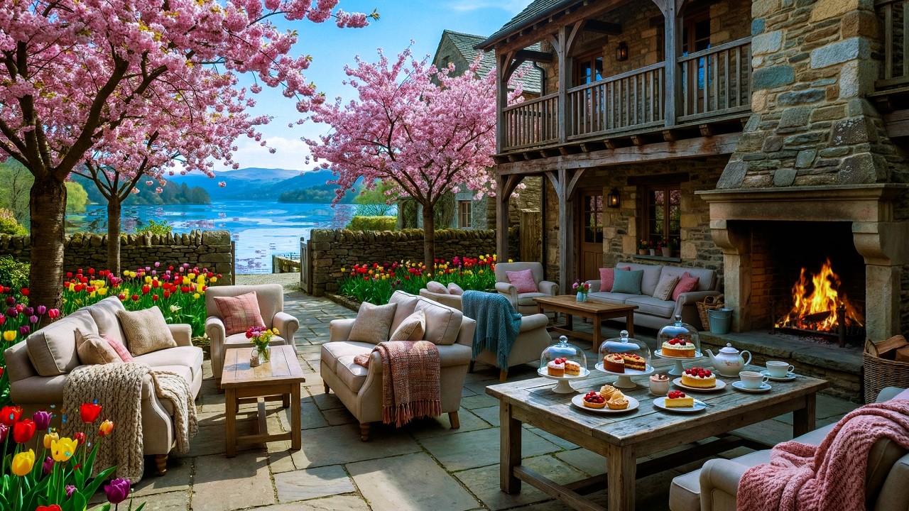 Spring Coffee Shop Outdoor Relaxing Ambience with Smooth Jazz Piano for Deep Concentration