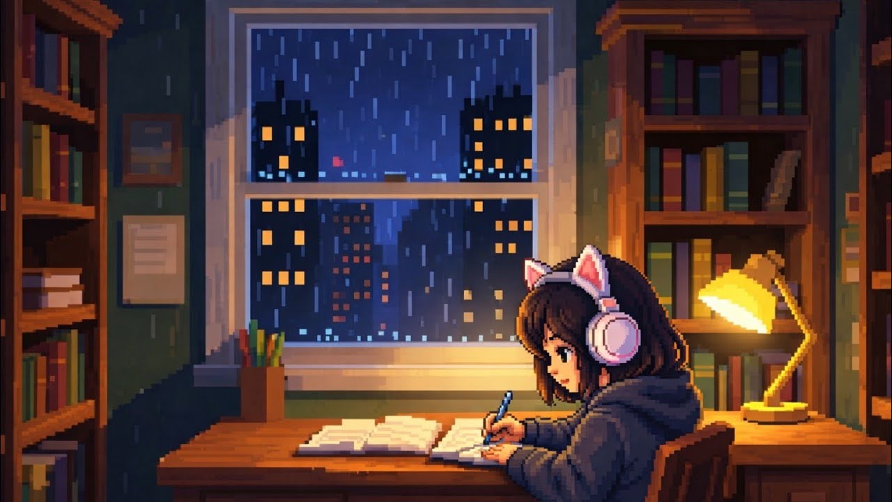 Late Night Library Lofi | Study, Focus, Chill Beats | Rainy Night Instrumental