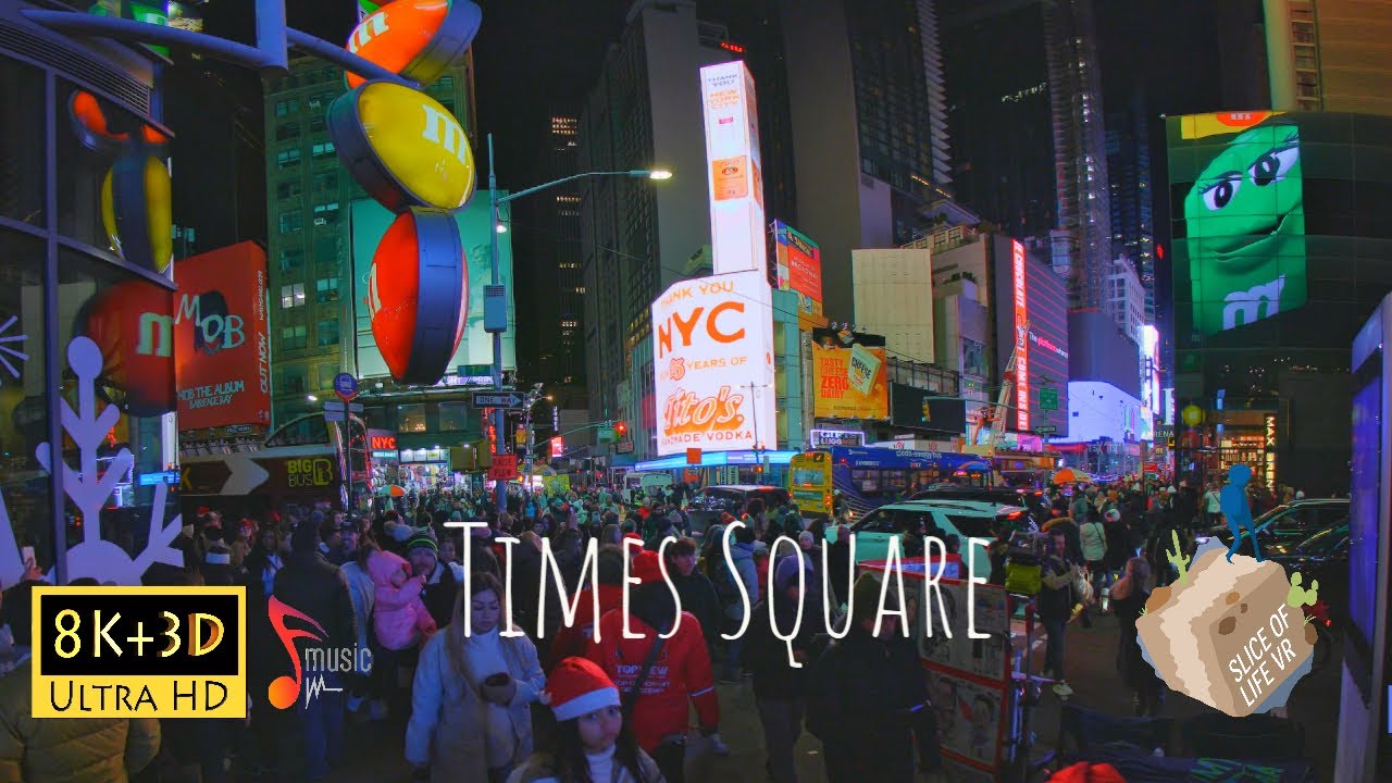 8k 3D Times Square New York City at Night + M&M Store,Christmas Town Walking Tour Experience Quest 2