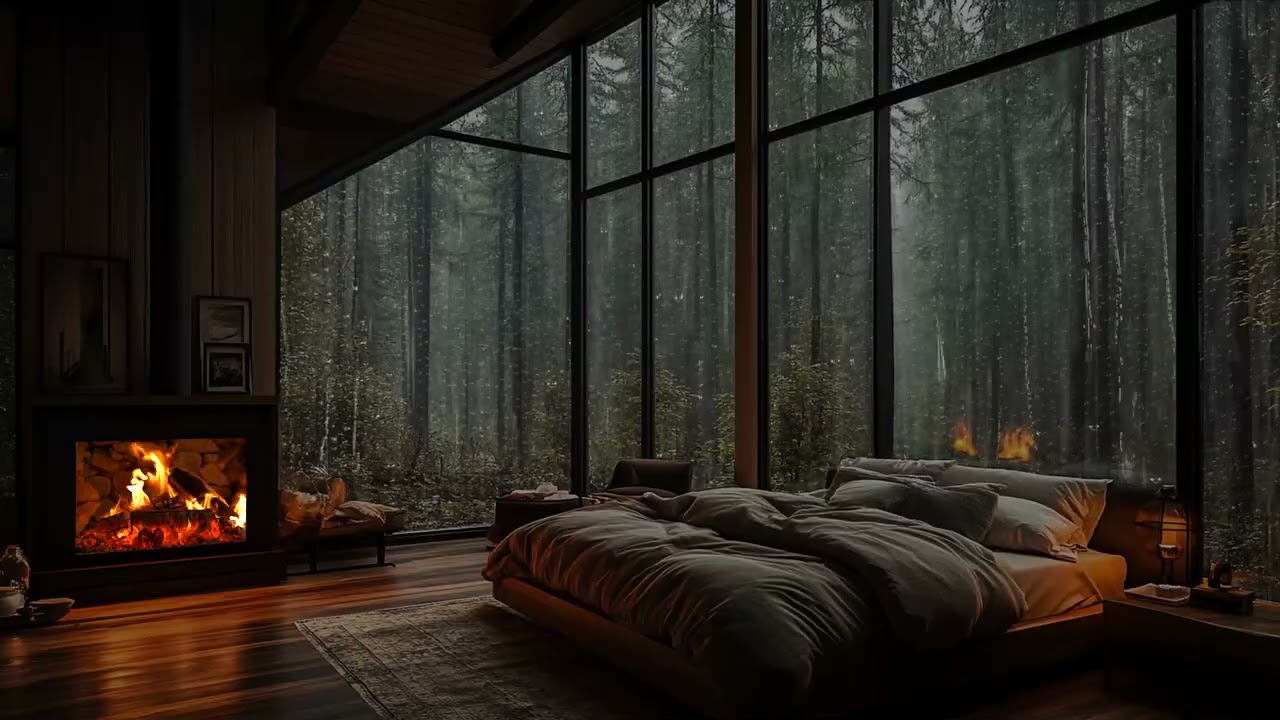 Sleep Fast and Deep Relax with Heavy Rain and Fireplace Sounds on Window | Relaxing Time
