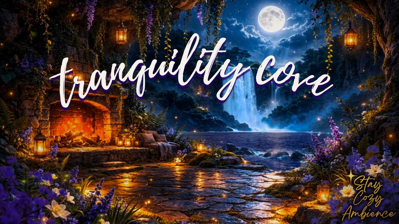 Tranquility Cove Meditation 🌙 Fireplace, Waterfall & Night Nature Sounds for Deep Relaxation