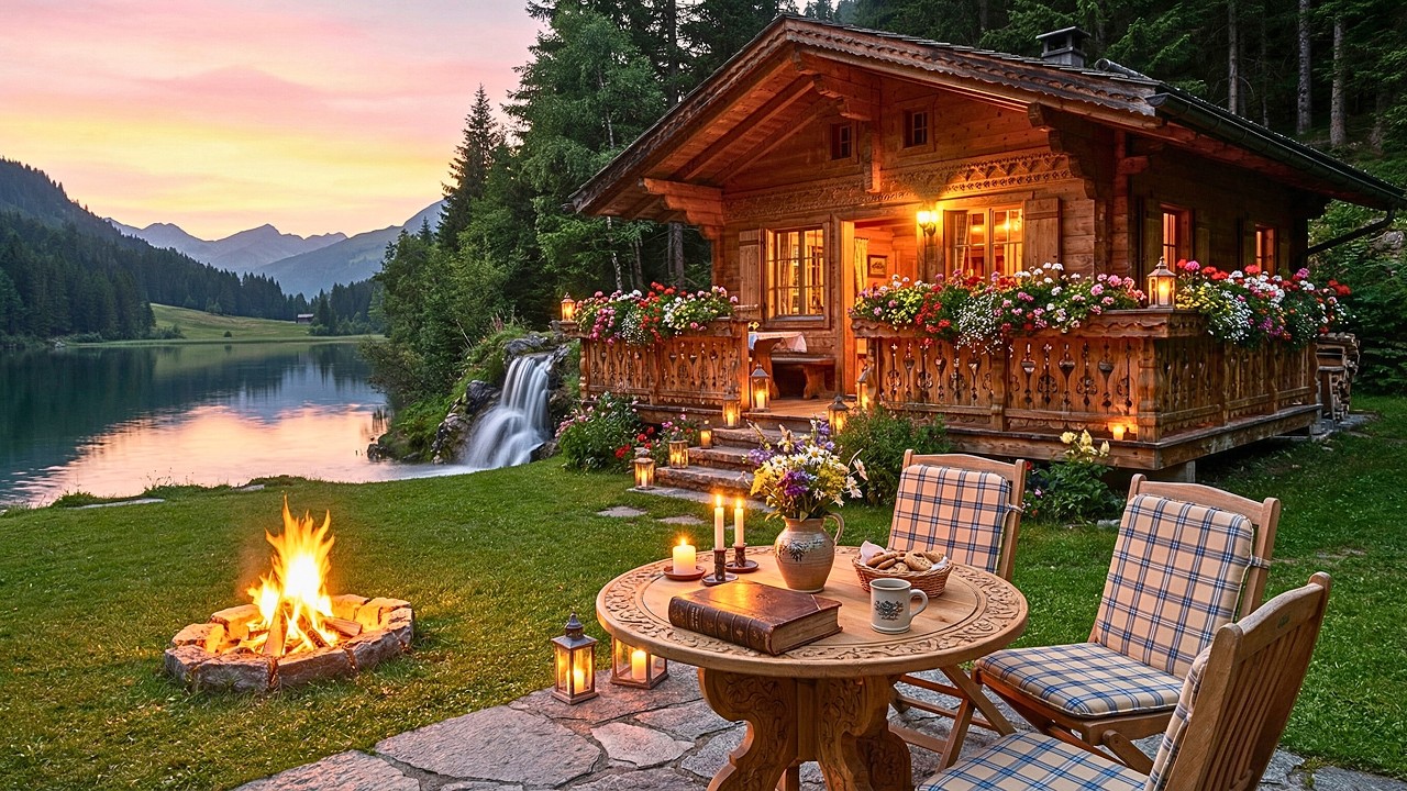 Mountain Lake Sunset & Campfire Sounds | Waterfall, Crickets & Evening Nature