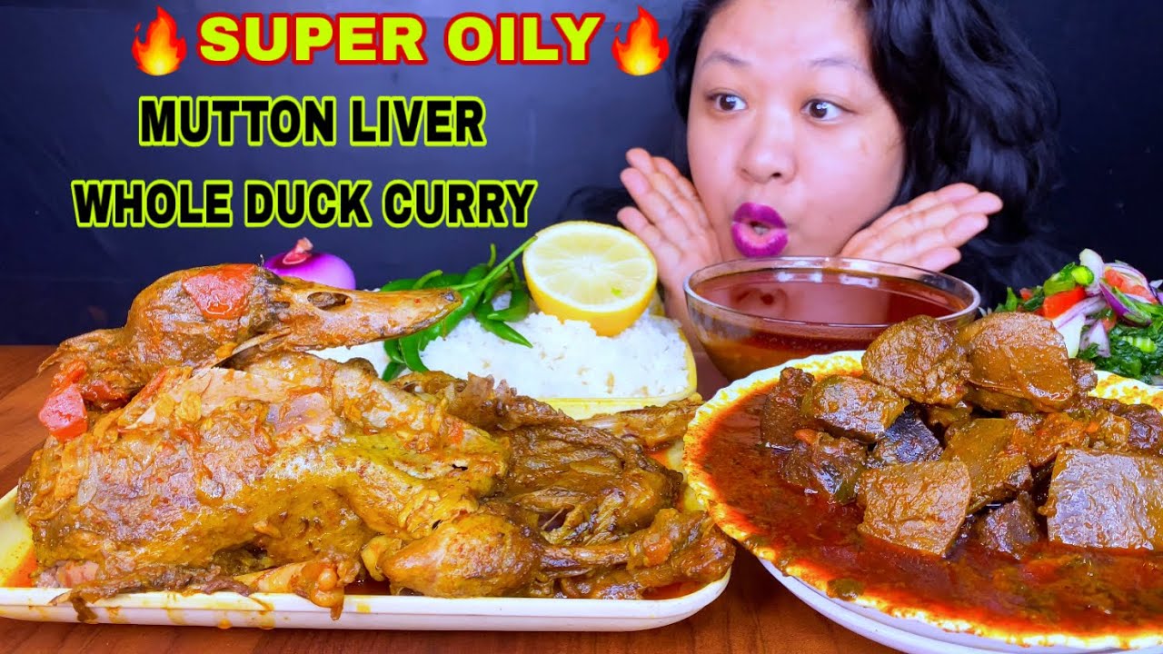 EATING SPICY WHOLE DUCK CURRY, SPICY MUTTON LIVER CURRY, RICE & SALAD MUKBANG ASMR