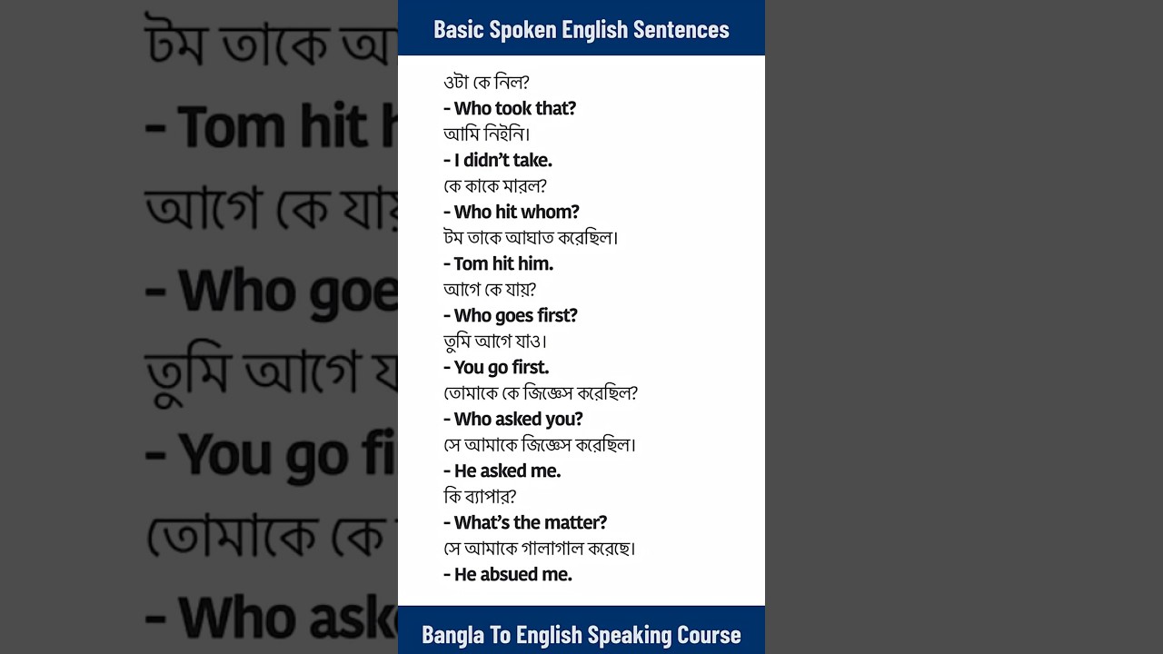 Basic Spoken English Sentences | প্রতিদিন ব্যবহার করা সহজ ইংরেজি বাক্য