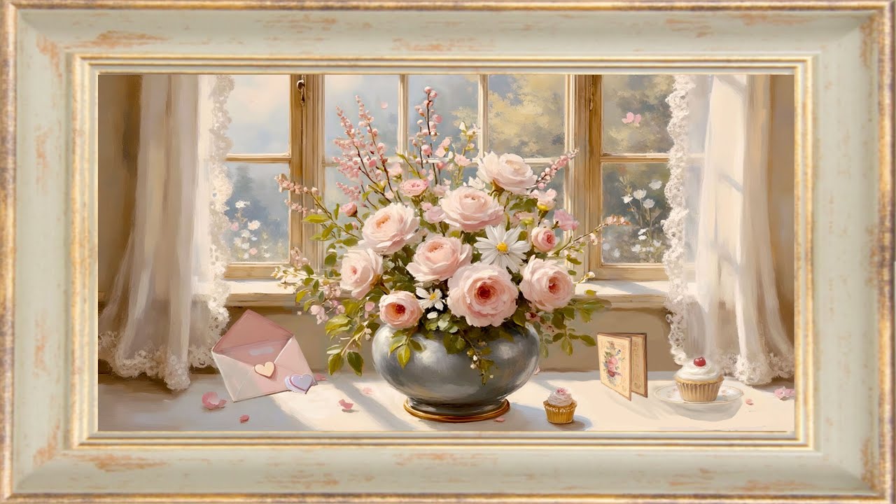 Valentine Hearts and Flowers | Pink, Antique White | Gold Frame Digital Home Art | 1 Scene 2 Hours