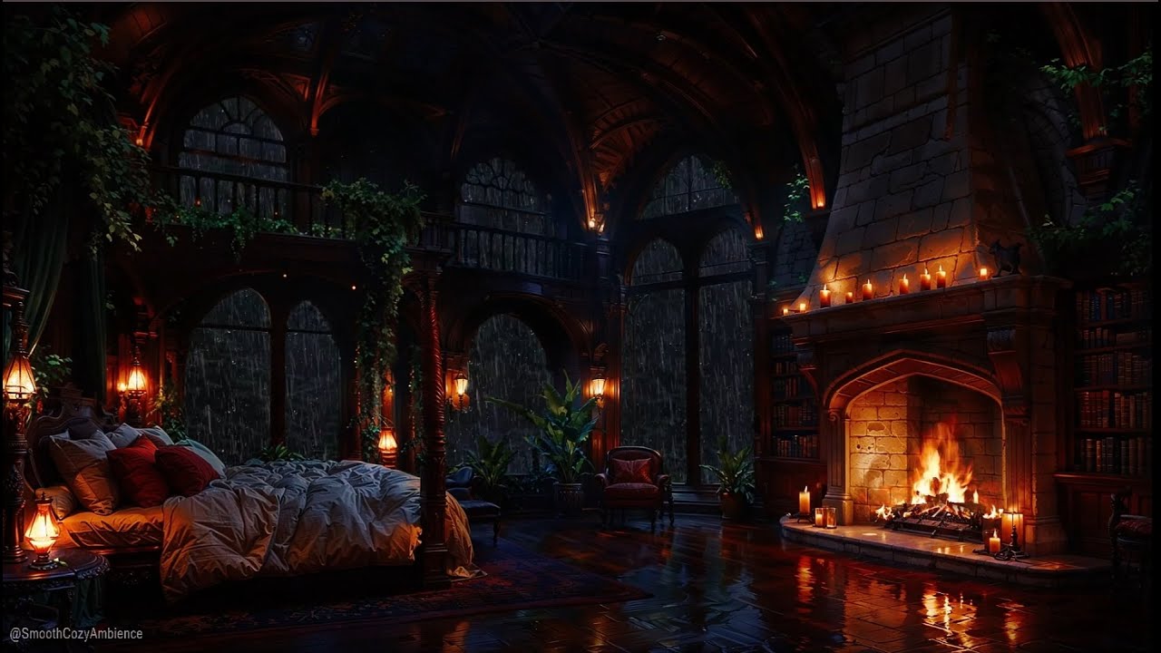 Fireplace, Rain & Thunderstrom Sounds In This Castle Room To Sleep Deeply
