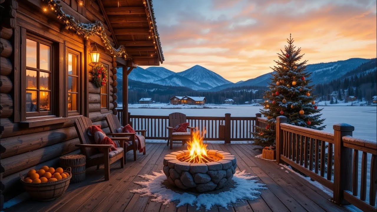 Peaceful Christmas Lake Porch 🌲🔥 Winter Fire Crackles, Snowfall & Mountain Views