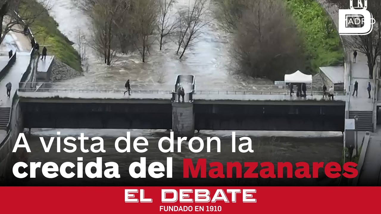 La crecida del Manzanares, a vista de dron a su paso por la M-30, A-6 y Puente de los Franceses