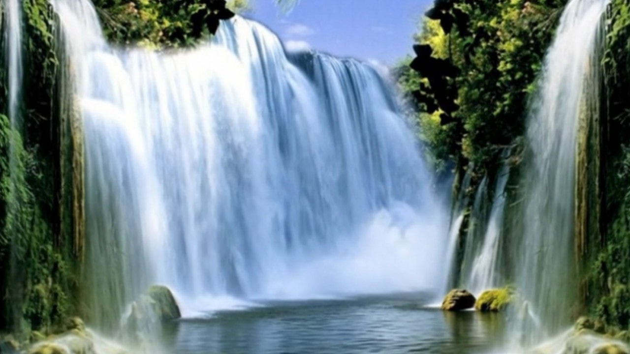 Majestic Waterfall Flowing Through Lush Green Forest  Relaxing Nature Sounds