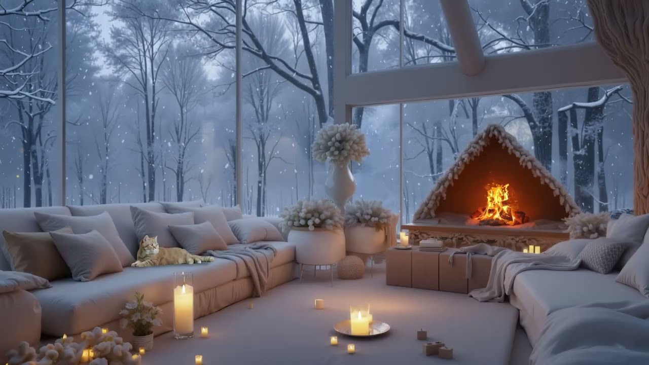 Magical Winter Night Music ❄️ Fireplace Crackling & Heavy Snow Sounds for Deep Sleep and Relaxation