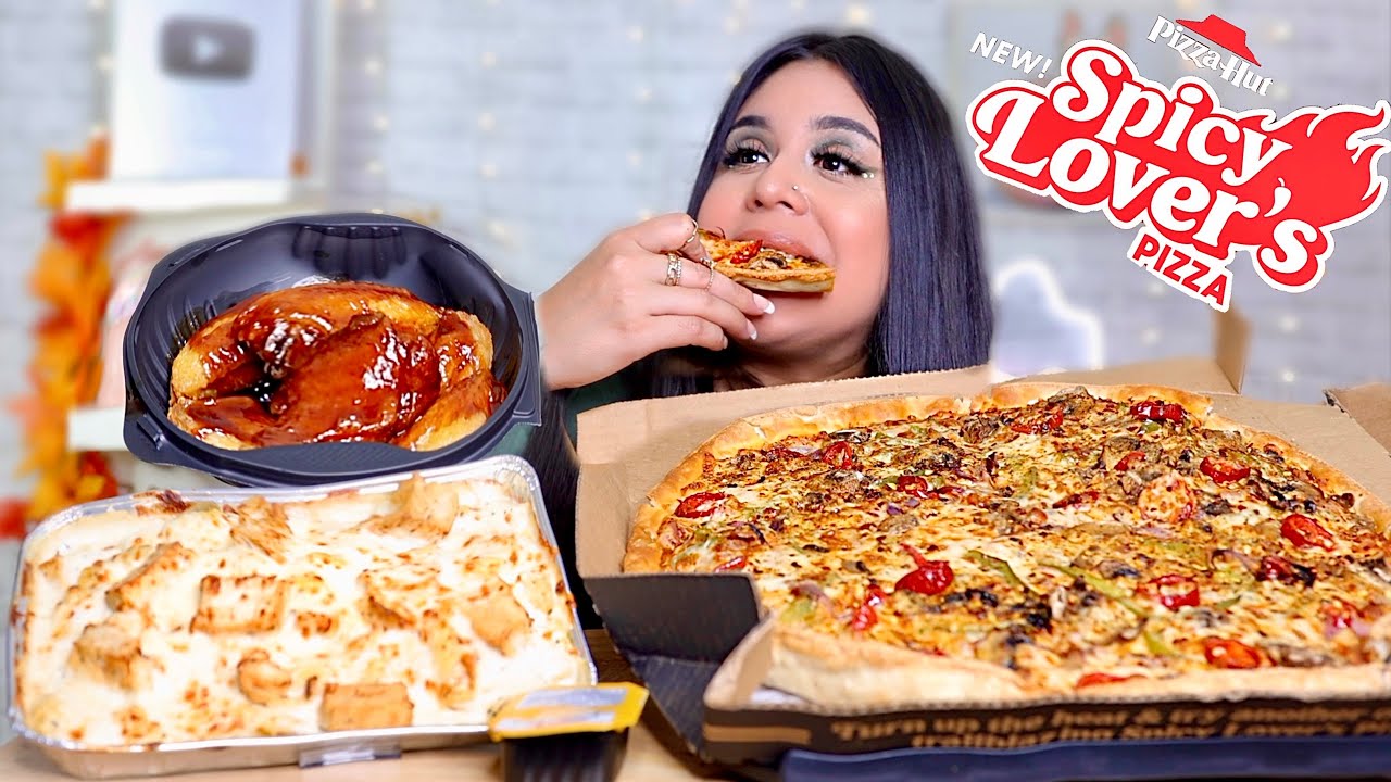 PIZZA HUT MUKBANG!! NEW Spicy Lovers Pizza, Tuscani Creamy Chicken Alfredo Pasta, Honey BBQ Wings