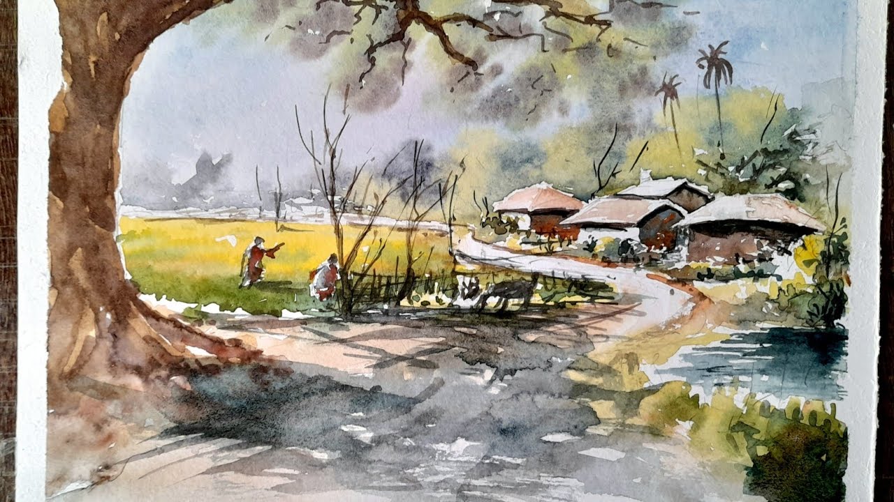 Village drawing by watercolour.  Easy Village Drawing. 