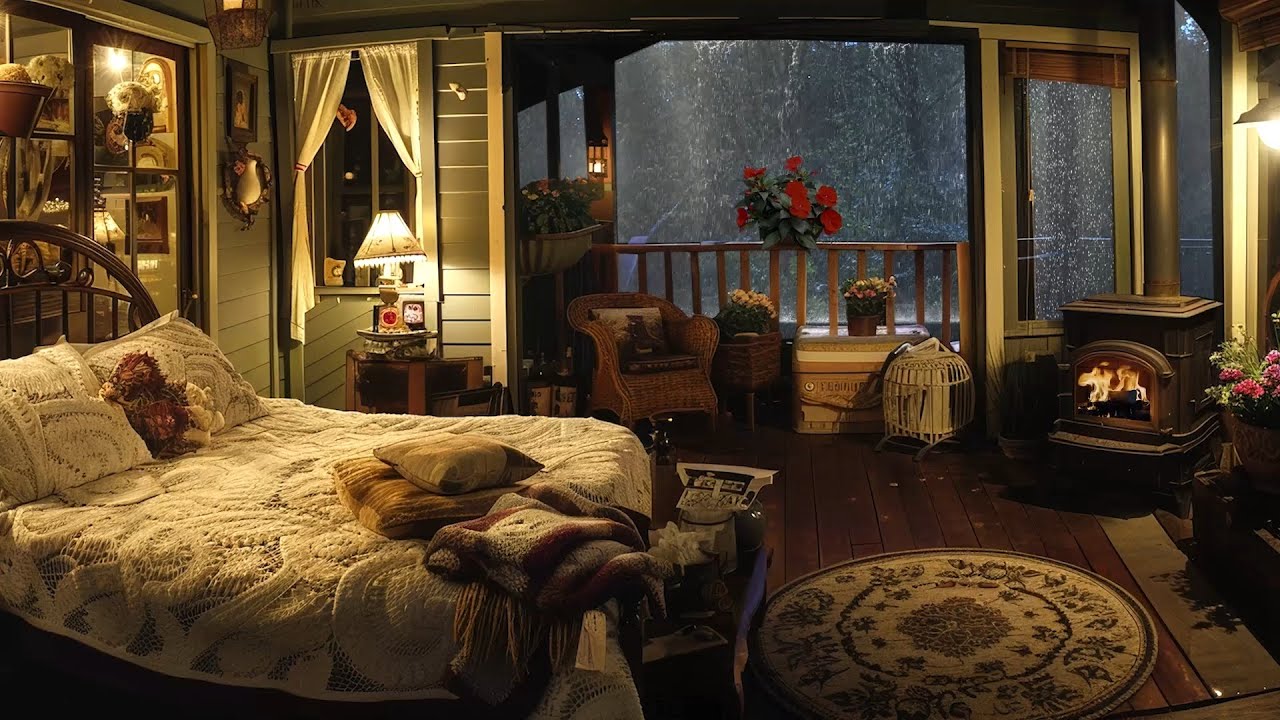 🔴Relaxing Rain Ambience | Sleeping in a Cozy Cabin with Burning Fireplace & Soothing Rain Sounds💤