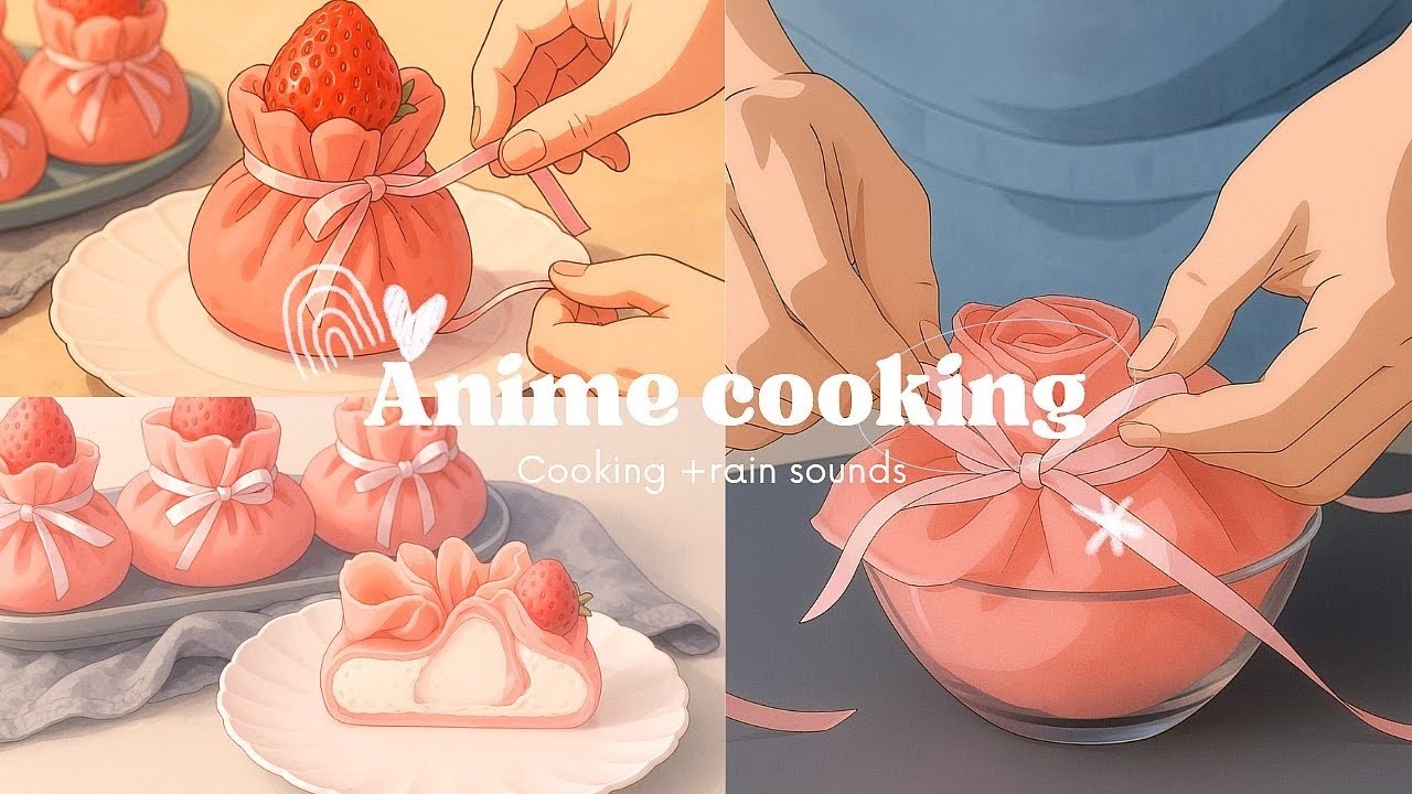 A rainy afternoon in an anime bakery🍰| strawberry pouches|Aesthetic cooking 