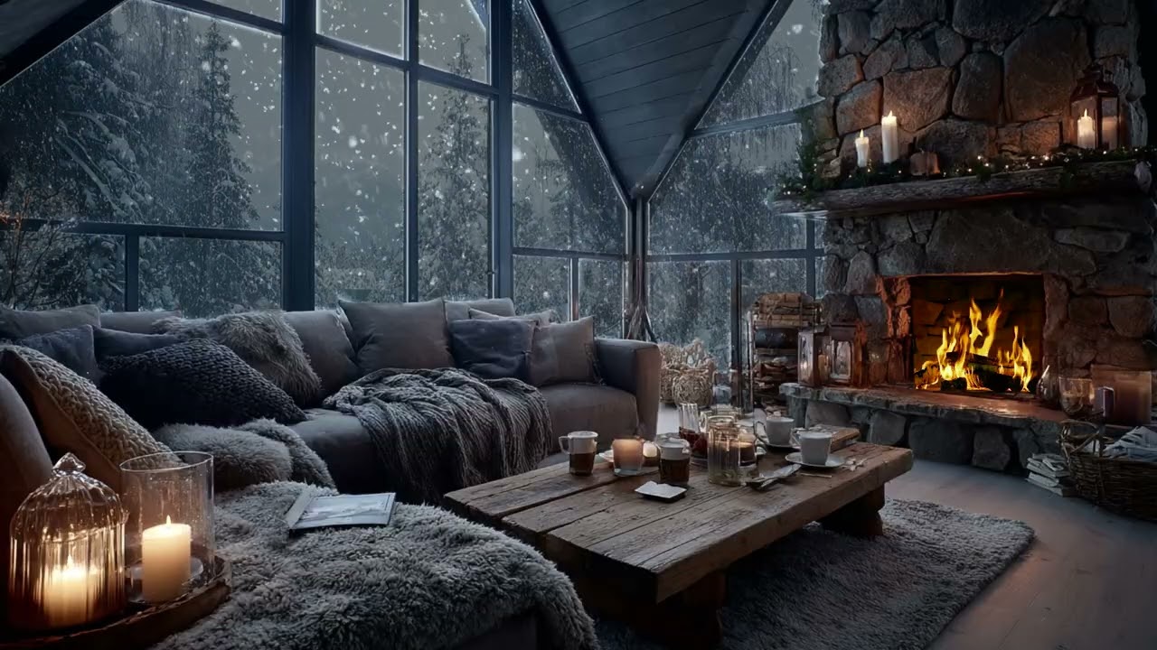 Warm Fireplace in a Cozy Cabin During a Cold Snowstorm Night | Deep Sleep and Stress Relief Sounds