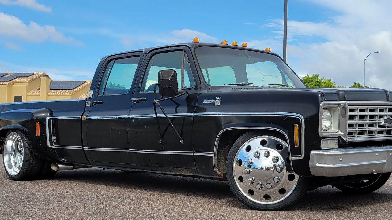 LiL BiT's Shop Truck 1976 Chevy Silverado camper special 3+3 dually lowered with semi wheels!
