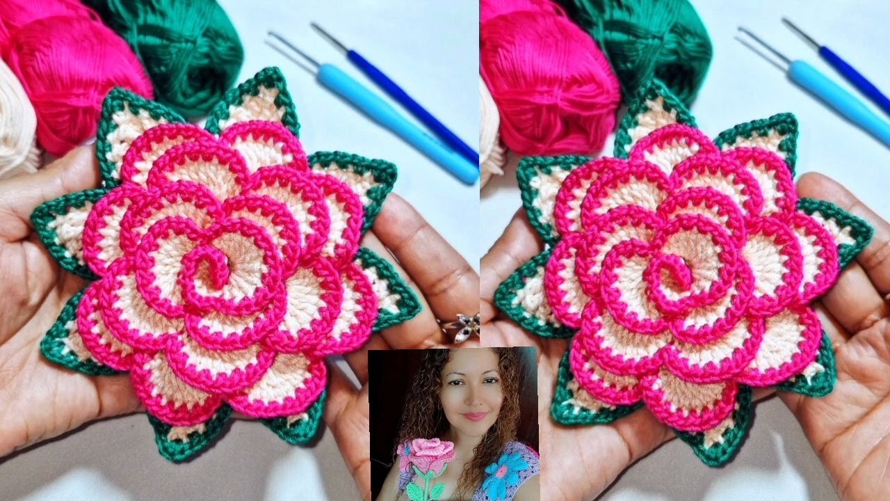 Como Hacer una ROSA A CROCHET CON HOJAS Fácil y Rápido