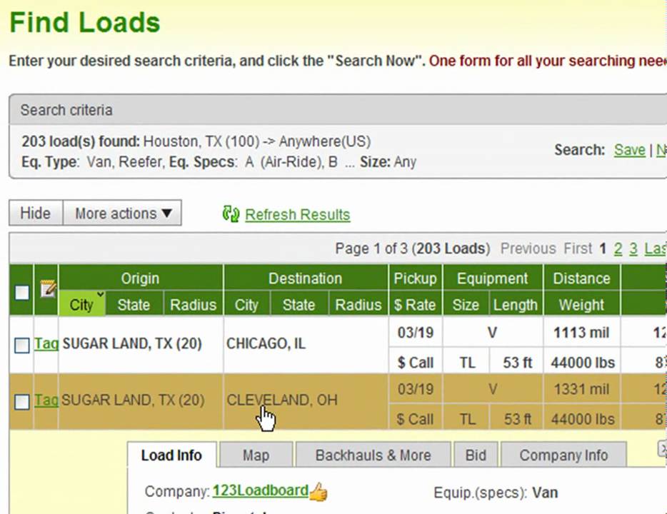 123loadboard - Find Loads - Working With Results